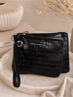 French Connection FCUK Wristlet Womens Small Black Croc Embossed 2-in-1